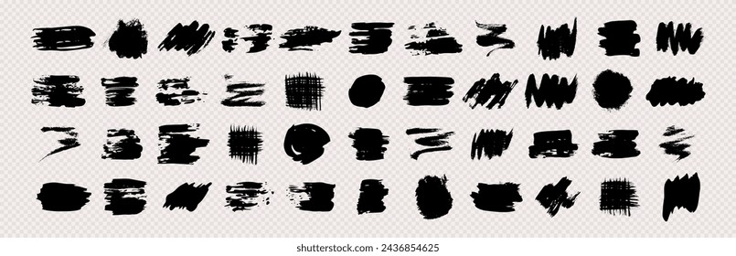 Black grunge brush strokes. Set of black hand-painted brush ink stains. Ink spots isolated on a transparent background. Vector illustration