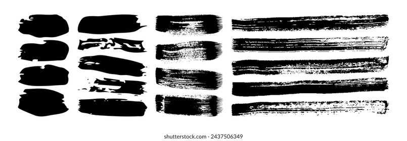 Schwarze Grunge Pinselstriche. Set von lackierten Tintenstreifen. Tintenfleck auf weißem Hintergrund isoliert. Vektorgrafik