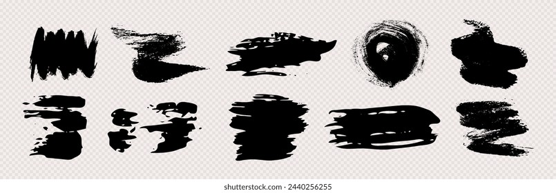 Black grunge brush strokes. Set of black hand-painted brush ink stains. Ink spots isolated on a transparent background. Vector illustration