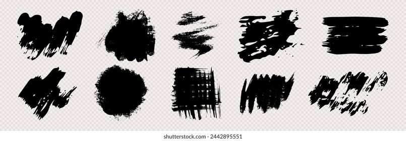 Black grunge brush strokes. Set of black hand-painted brush ink stains. Ink spots isolated on a transparent background. Vector illustration