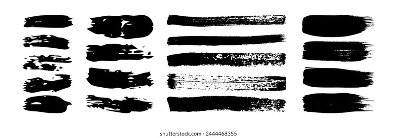 Black grunge brush strokes. Set of painted ink stripes. Ink spot isolated on white background. Vector illustration