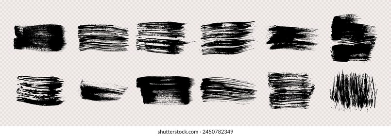 Black grunge brush strokes. Set of black hand-painted brush ink stains. Ink spots isolated on a transparent background. Vector illustration
