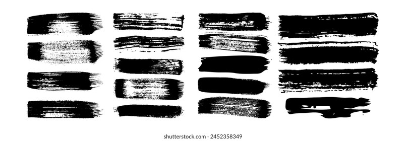 Black grunge brush strokes. Set of painted ink stripes. Ink spot isolated on white background. Vector illustration