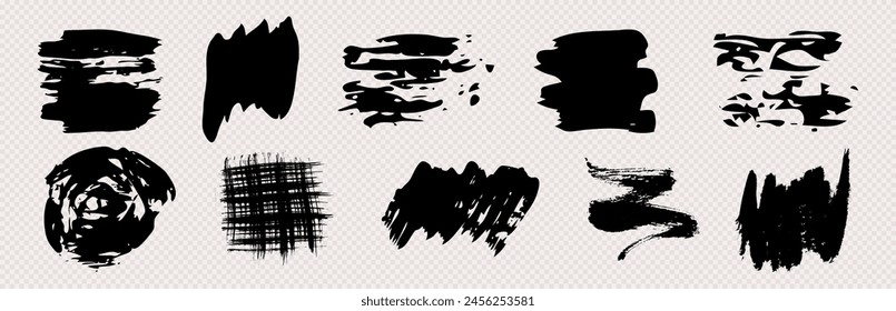 Black grunge brush strokes. Set of black hand-painted brush ink stains. Ink spots isolated on a transparent background. Vector illustration