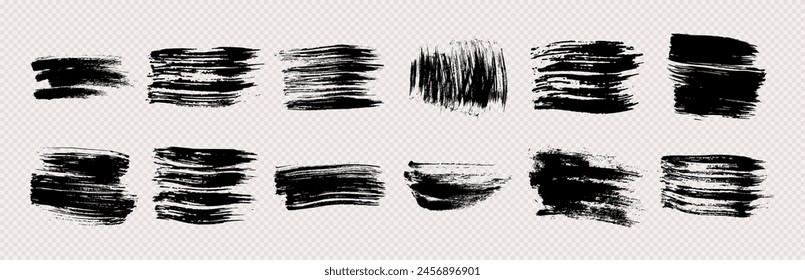 Black grunge brush strokes. Set of black hand-painted brush ink stains. Ink spots isolated on a transparent background. Vector illustration