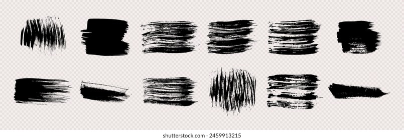 Black grunge brush strokes. Set of black hand-painted brush ink stains. Ink spots isolated on a transparent background. Vector illustration