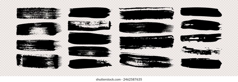 Black grunge brush strokes. Set of painted ink stripes. Ink spot isolated on transparent background. Vector illustration