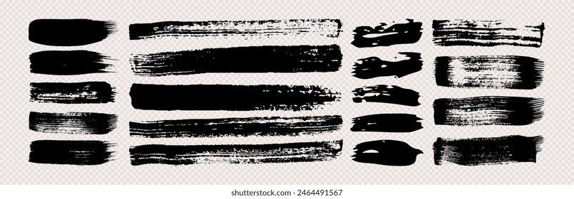 Black grunge brush strokes. Set of painted ink stripes. Ink spot isolated on transparent background. Vector illustration