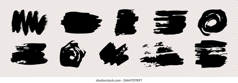 Schwarze Grunge Pinselstriche. Set von schwarzen handbemalten Pinselfarben. Tintenflecken auf einem transparenten Hintergrund isoliert. Vektorillustration