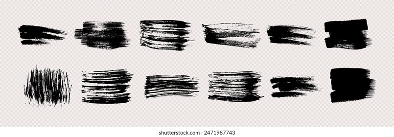 Black grunge brush strokes. Set of black hand-painted brush ink stains. Ink spots isolated on a transparent background. Vector illustration