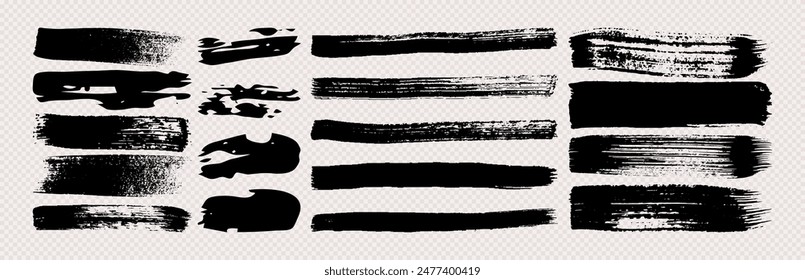 Black grunge brush strokes. Set of painted ink stripes. Ink spot isolated on transparent background. Vector illustration