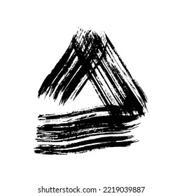 Black grunge brush strokes in triangle form. Painted ink triangle. Ink spot isolated on white background. Vector illustration