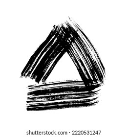 Black grunge brush strokes in triangle form. Painted ink triangle. Ink spot isolated on white background. Vector illustration