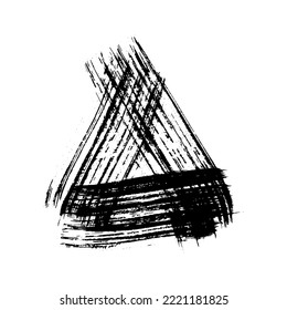 Black grunge brush strokes in triangle form. Painted ink triangle. Ink spot isolated on white background. Vector illustration