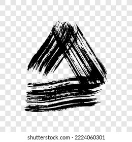 Black grunge brush strokes in triangle form. Painted ink triangle. Ink spot isolated on transparent background. Vector illustration