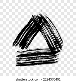 Black grunge brush strokes in triangle form. Painted ink triangle. Ink spot isolated on transparent background. Vector illustration