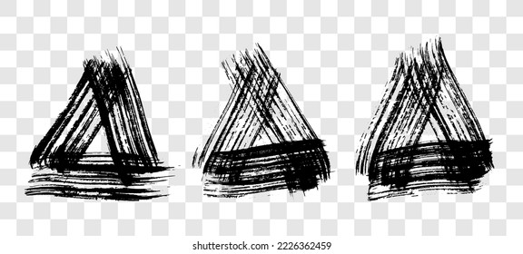 Paredes de pincel negro grunge en forma de triángulo. Conjunto de tres triángulos de tinta pintados. Punto de tinta aislado sobre fondo transparente. Ilustración del vector