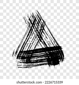 Black grunge brush strokes in triangle form. Painted ink triangle. Ink spot isolated on transparent background. Vector illustration