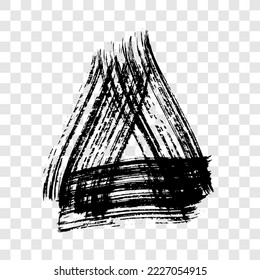 Black grunge brush strokes in triangle form. Painted ink triangle. Ink spot isolated on transparent background. Vector illustration