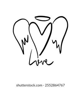 Black grunge brush vector hand drawn symbol cute heart with wings and nimbus illustration clip-art winged angel. Love Valentine symbol. Decor element for logo, label, emblem, poster, postcard, nail