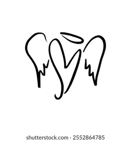 Black grunge brush vector hand drawn symbol cute heart with wings and nimbus illustration clip-art winged angel. Love Valentine symbol. Decor element for logo, label, emblem, poster, postcard, nail