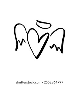 Black grunge brush vector hand drawn symbol cute heart with wings and nimbus illustration clip-art winged angel. Love Valentine symbol. Decor element for logo, label, emblem, poster, postcard, nail