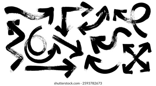 Black grunge brushstroke arrows set with rough, expressive textures on a white background. Ideal for graphic design, direction symbols, creative, posters, street art, abstract .Vector illustration
