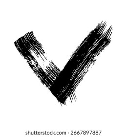 Pincelada grunge negra en forma de marca de verificación. Mano-dibujado pintado mancha sobre fondo blanco. Ilustración vectorial