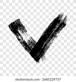 Black grunge brushstroke in the shape of a check mark. Hand-drawn painted smear on transparent background. Vector illustration