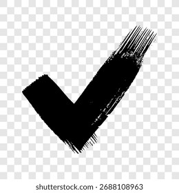 Pincelada grunge negra en forma de marca de verificación. Mano-dibujado pintado mancha sobre fondo transparente. Ilustración vectorial