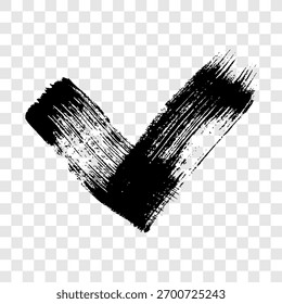 Pincelada grunge negra en forma de marca de verificación. Mano-dibujado pintado mancha sobre fondo transparente. Ilustración vectorial