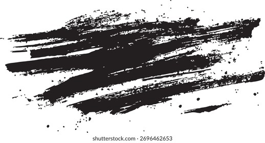 black grunge brushstroke texture, distressed paint smear and ink stripe on white background for abstract design elements.