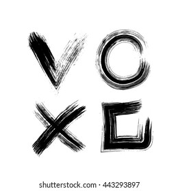 Black grunge check mark, circle, cross. Vector illustration.