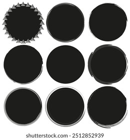 Black grunge circle frames. Abstract rough edges. Circular shapes vector. Bold dark accents.