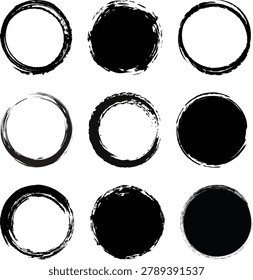 Black Grunge Circle Frames and Solid Brushstroke Shapes Isolated on White Background for Design Elements