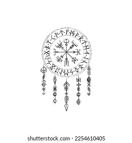 Schwarzer Grunge-Kreis mit alten skandinavischen Viking-Symbolen. Germanisches Amulet-Vegvisir-Zeichen mit Runen und vertikalen Linien-Mustern