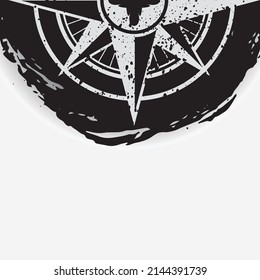 Black grunge circle pattern with white wind rose silhouette. Abstract ink blots compass design with place for text