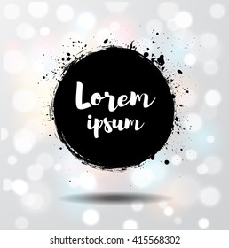 Black grunge circle with splashes and realistic shadow isolated on white glowing background with place for your text Vector illustration.
