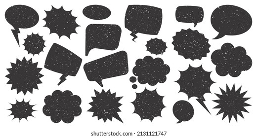 Black grunge comic speech bubbles isolated on white background. Hand drawn retro cartoon stickers. Chatting, message box. Vector illustration
