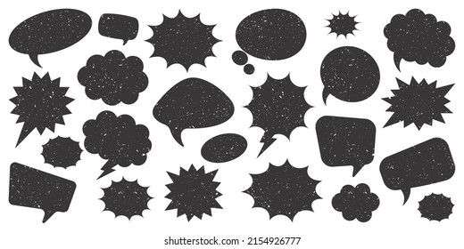 Burbujas de humor negro y negro aisladas en el fondo blanco. Pegatinas de dibujos retro dibujadas a mano. Chateo, cuadro de mensaje. Ilustración del vector