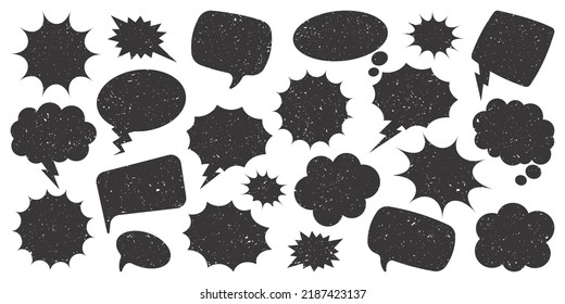 Black grunge comic speech bubbles isolated on white background. Hand drawn retro cartoon stickers. Chatting, message box. Vector illustration