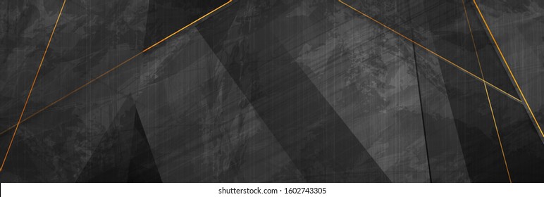 Black grunge corporate abstract background with golden lines. Vector banner design