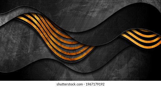 Black grunge corporate abstract wavy background with golden stripes. Vector illustration