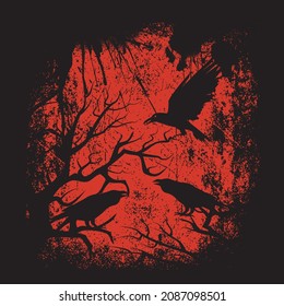 Black grunge crows on a red background, vector illustration