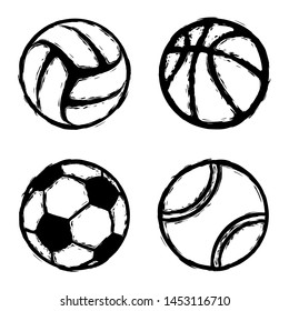 Black grunge different sport ball silhouettes isolated on white