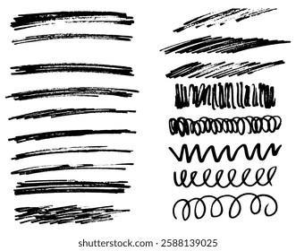 Black Grunge Dirt Brush Stroke Textures Set on White Background. Distressed Hand Drawn Vector Texture. Abstract Grunge Background with Dirty Textured Effect. Not AI