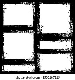 Black grunge elements frames with tire tracks isolated on white background