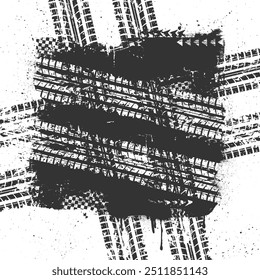 Black grunge elements with tire tracks isolated on white background