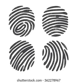 Black grunge finger print set isolated on white background. Elements of identification systems, security conception, apps icons. Vector illustration.