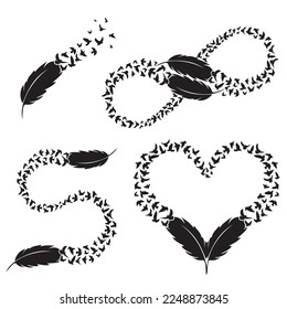 Black grunge flying birds silhouettes with feather isolated on white background